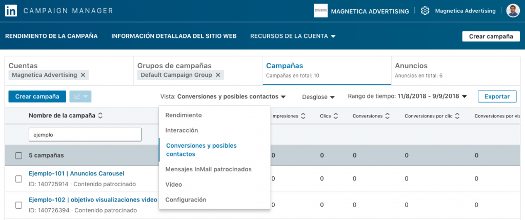 Opcion conversiones y posibles contactos nueva interfaz Linkedin campaign manager