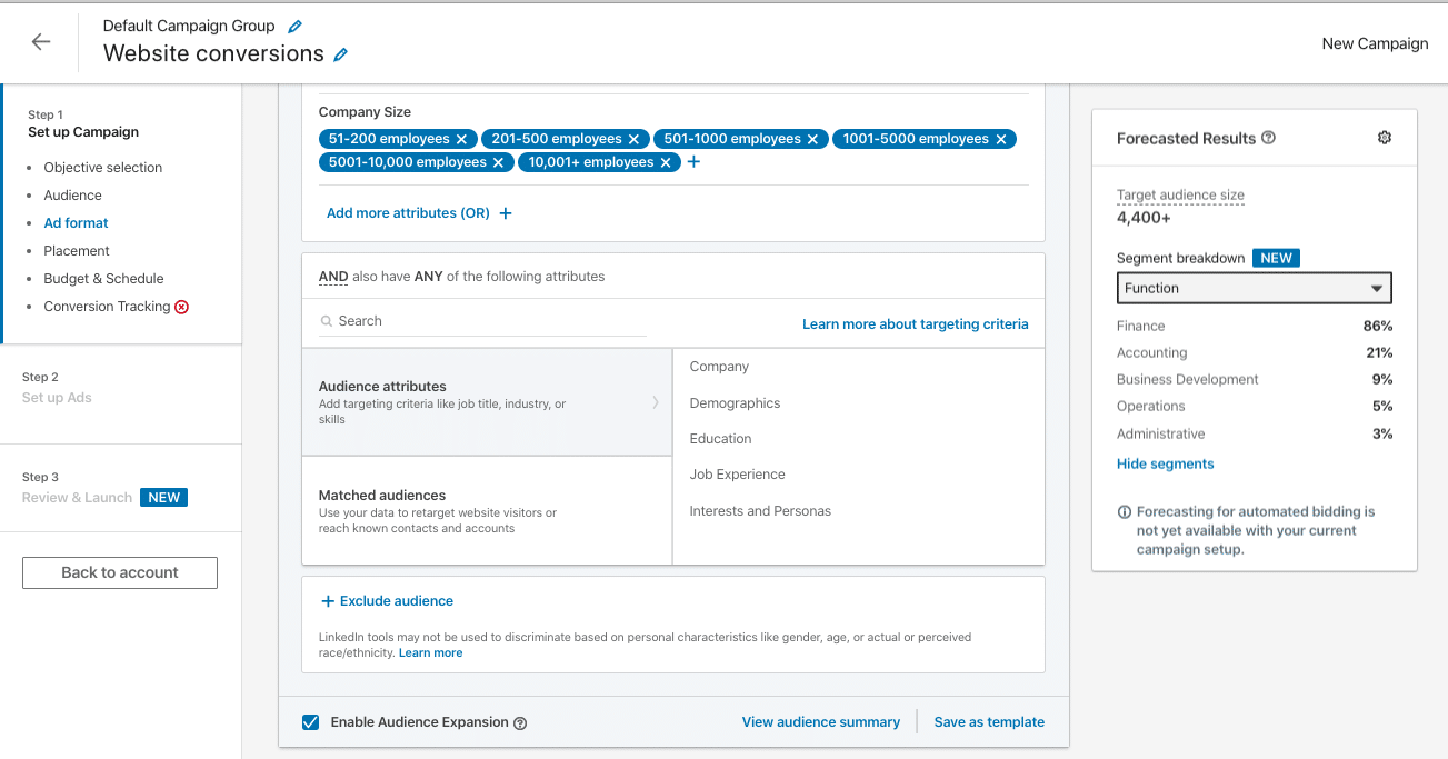 Enable Audience Expansion Option in the linkedin campaign manager