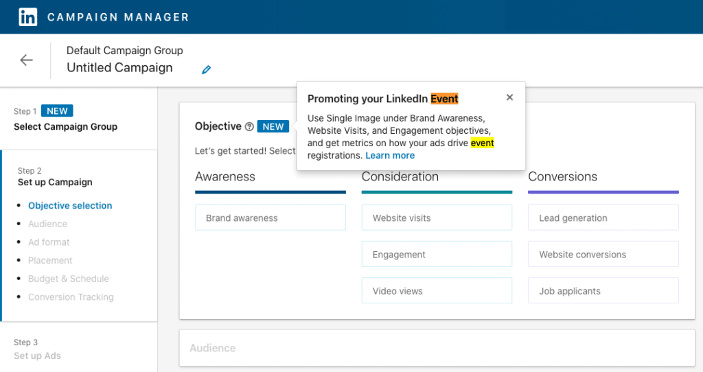 LinkedIn Ads News September 2020: Objectives adapted to be able to promote events on LinkedIn