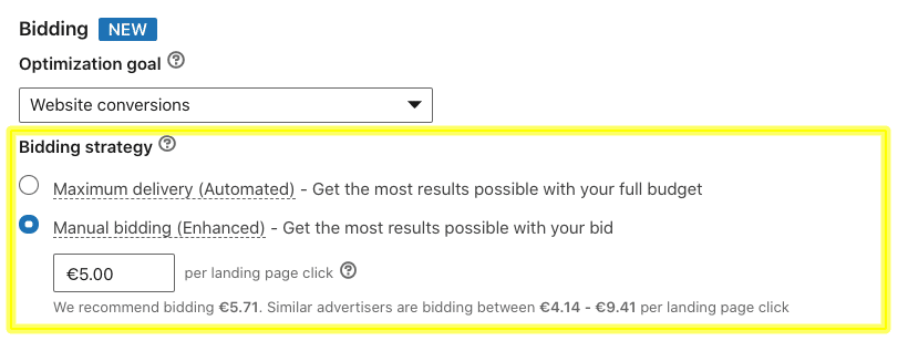 Bidding strategies available for a campaign with website conversions goal