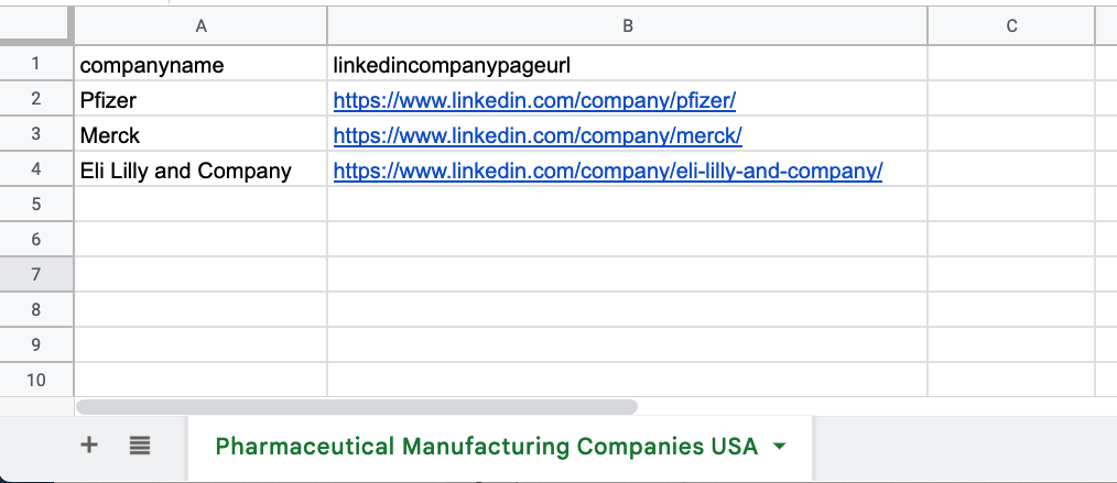 Pharmaceutical manufacturing companies list to upload to LinkedIn Campaign Manager
