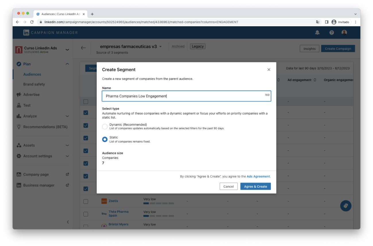 Creating Company Segments screen in LinkedIn Campaign Manager
