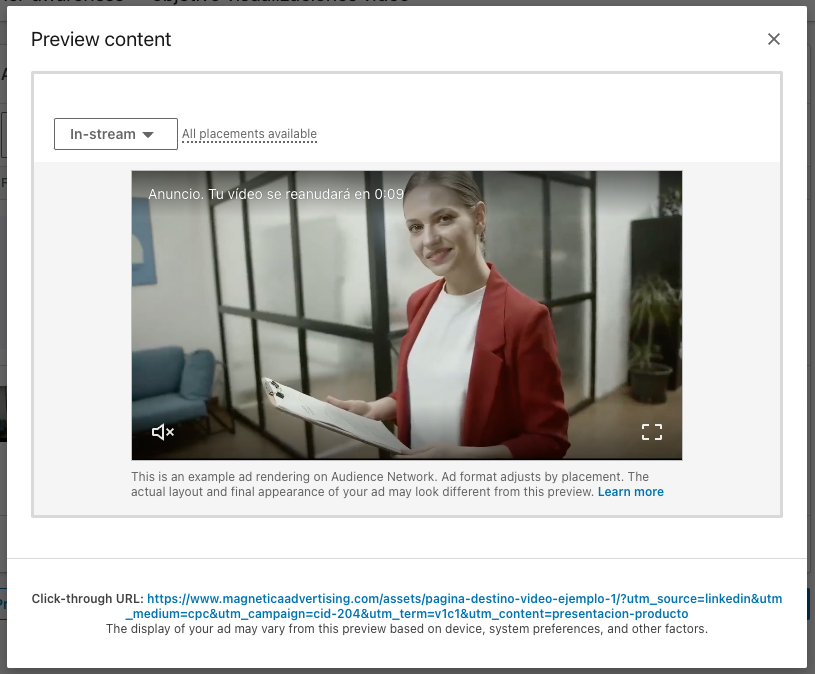 In-stream video ad format preview on LinkedIn Ads