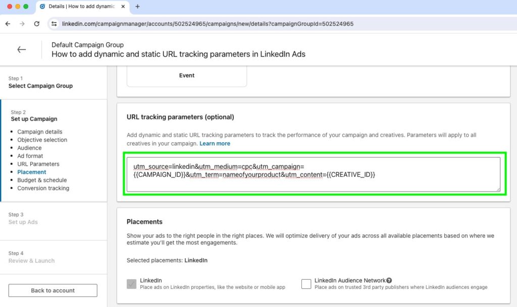 Example of URL tracking parameters for a LinkedIn campaign